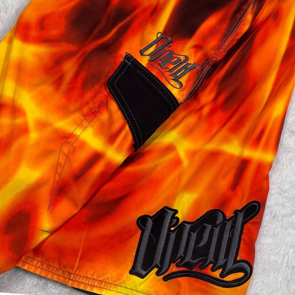 Y2K O'Neill Board Shorts Men 32 Orange Red Flame Fire AOP Surf Skate Swim Trunks